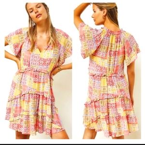 Anthropologie Robin Tiered red yellow floral mini sundress short sleeves Large